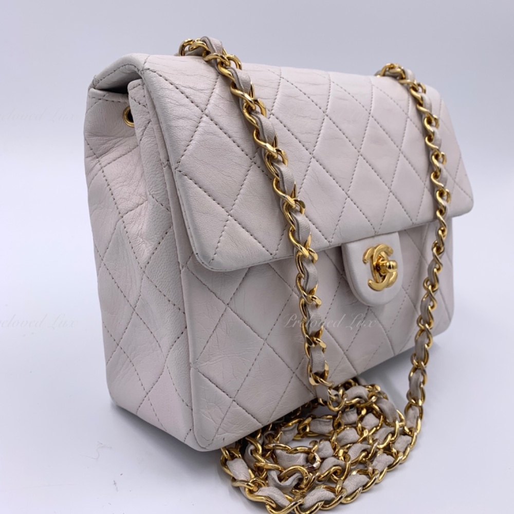 Authentic CHANEL Classic Lambskin Chain Mini Square Flap Bag White/ GHW - Picture 14 of 17